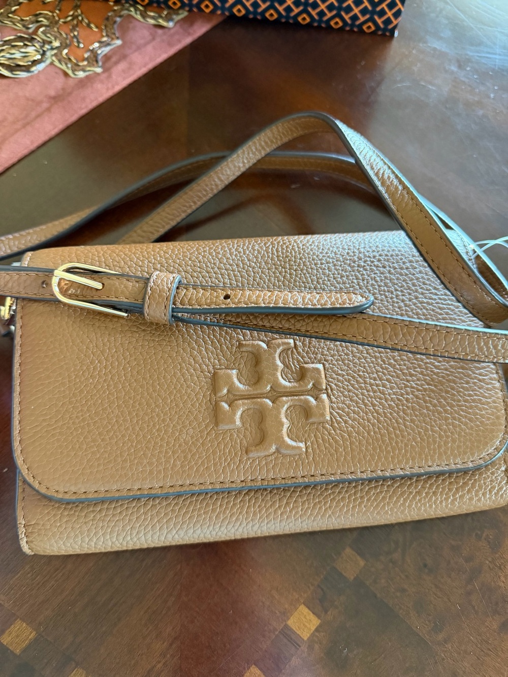 Tory Burch Brown Pebbled Leather Crossbody with Embossed Logo
